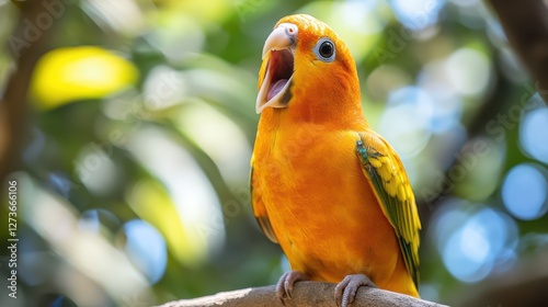 Vibrant orange parrot calls out in lush greenery photo