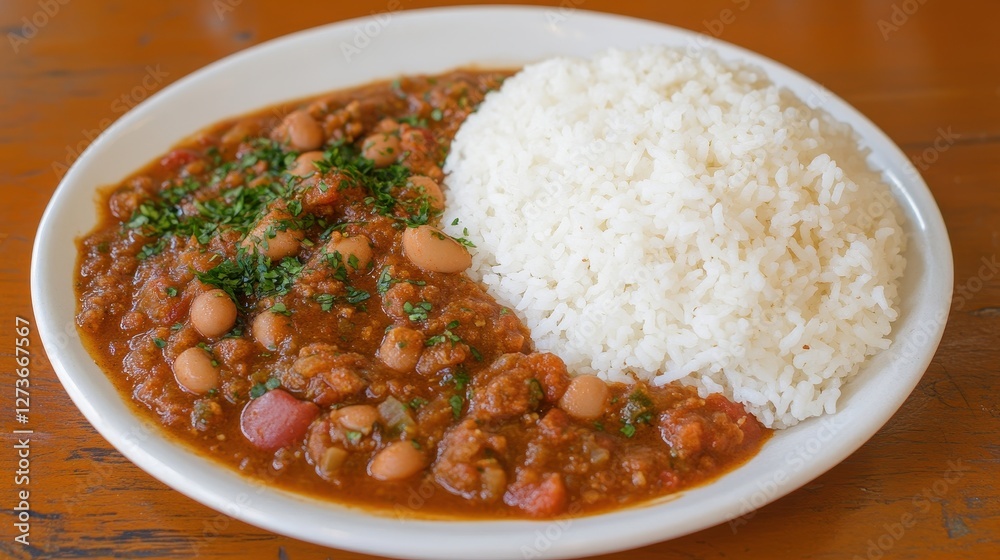 Delicious plate of spicy stew with rice, vibrant colors, hearty meal, perfect for sharing and enjoying with friends. Delicious plate of spicy stew with rice, vibrant colors, hearty meal, perfect for sharing and enjoying with friends.