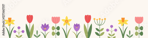 Spring floral background. Horizontal border with blooming flowers, garden blossoms. Minimalist nature banner with abstract flowers. Flat vector modern illustration.