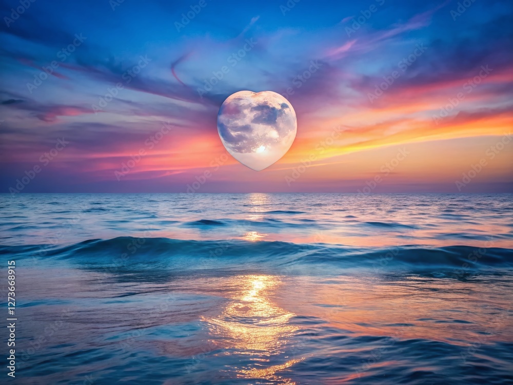 Heart-Shaped Moonrise Over Calm Ocean Waters at Twilight - Romantic Seascape Stock Photo Heart-Shaped Moonrise Over Calm Ocean Waters at Twilight - Romantic Seascape Stock Photo