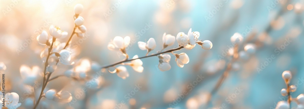 Beautiful white cherry flowers on light blue blurred backgrond. Amazing close-up of spring blossom. Cool clear pure scene displaying beauty of elegance. Business advertisement materials. Copy space Beautiful white cherry flowers on light blue blurred backgrond. Amazing close-up of spring blossom. Cool clear pure scene displaying beauty of elegance. Business advertisement materials. Copy space