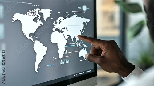 Businessperson Analyzing Global Supply Chain Map on Digital Screen