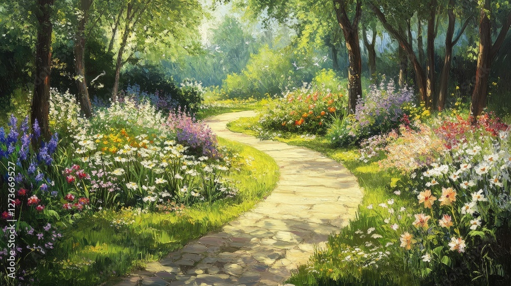 A tranquil, winding path in a peaceful garden, with fragrant flowers on either side and the sound of birds chirping in the background. A tranquil, winding path in a peaceful garden, with fragrant flowers on either side and the sound of birds chirping in the background.