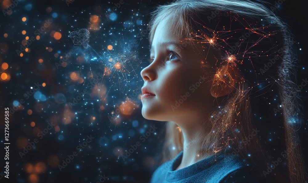 Child's Mind and Brain Activity Concept, Scientific Visualization of Neural Connections, Education and Psychological Development in Children Child's Mind and Brain Activity Concept, Scientific Visualization of Neural Connections, Education and Psychological Development in Children