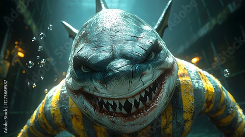 Ferocious Shark in Underwater Prison Uniform with Glowing Bubbles Surrounding Razor Sharp Grin