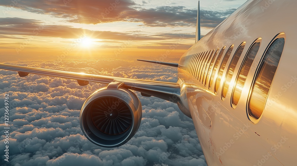 Fototapeta premium A close-up view of an airplane wing with a jet engine during a stunning sunset above the clouds.