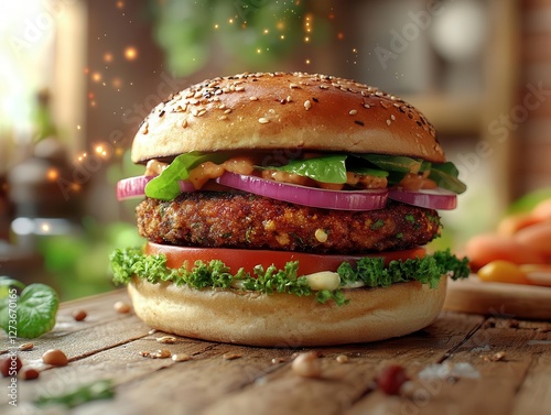 Vegan burger close-up with vibrant glowing AR nutrition facts, modern table setting, bright natural light, photorealistic