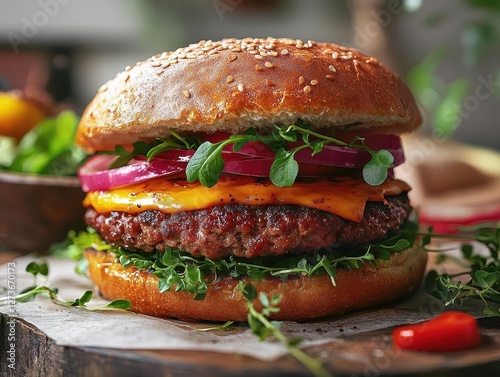 Vegan burger close-up with vibrant glowing AR nutrition facts, modern table setting, bright natural light, photorealistic