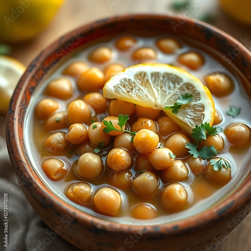 Greek revithia chickpea stew rustic clay bowl olive oil lemon photo