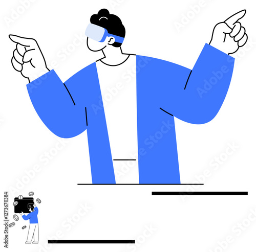 Man wearing virtual reality headset points optimistically while miniature figure manages VR gear. Ideal for innovation, experiences, gaming, tech future, creativity, digital immersion, abstract line