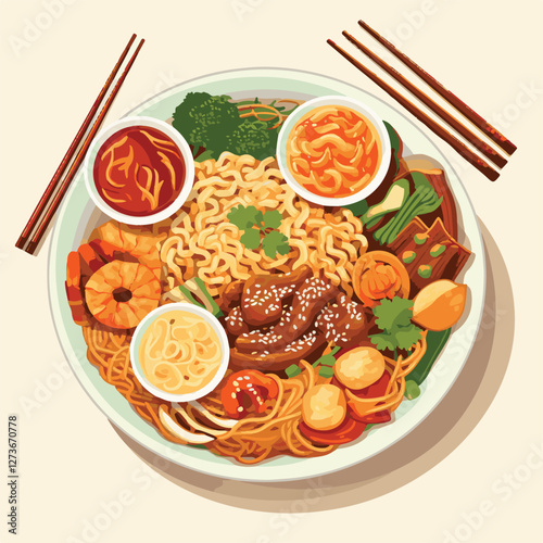 food, chinese, asian, background, restaurant, cooking, meal, design, cuisine, delicious, gourmet, dinner, dish, asia, plate, tasty, noodle, yellow, lunch, thai, traditional, vegetable, vector, table, 