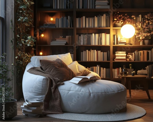 Vintage-inspired reading nook with glowing AR book recommendations, cozy atmosphere, soft warm light, digital art