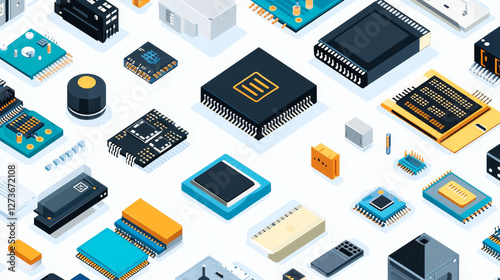 Electronic component isometric set vector illustration isolated on white. Electronics and electrical technology concept. Computer circuit chip elements. Graphic details of engineering hardware.