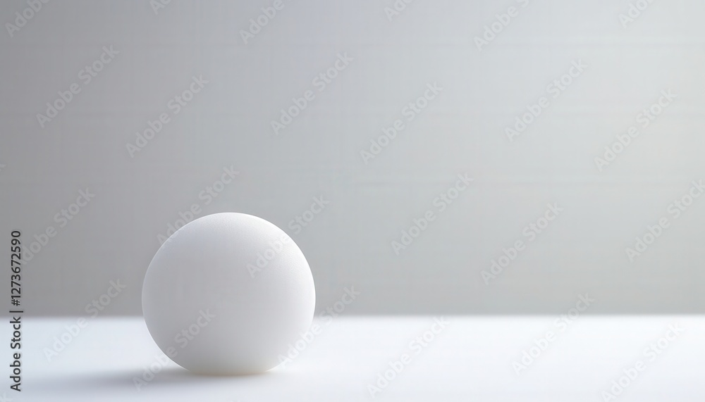 Still life of a white sphere on a white surface, in front of a blurry gray background, for presentation Still life of a white sphere on a white surface, in front of a blurry gray background, for presentation