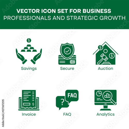 Vector icon set for business professionals and strategic growth. Features businessman, location pin, time is money, statistics, handshake, and contract.