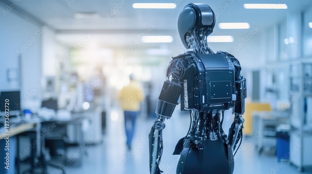 Fototapeta premium Robotic exoskeleton suit displayed in a high-tech laboratory setting.