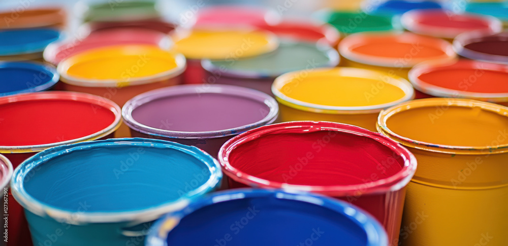 Colorful paint buckets are neatly arranged, showcasing a variety of hues ready for artistic endeavors and creative projects Colorful paint buckets are neatly arranged, showcasing a variety of hues ready for artistic endeavors and creative projects