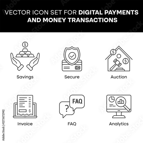 Vector icon set for digital payments and money transactions. Includes hand with coins, hand with phone, calculator, insurance, search, and hand with cash.