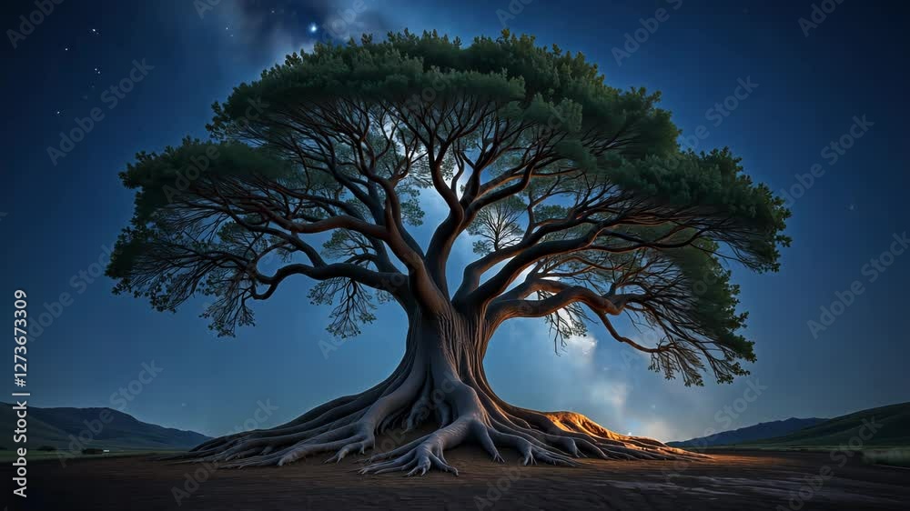 Digital illustration of a tree with glowing roots set against a dark blue sky creating a mystical and enchanting visual Digital illustration of a tree with glowing roots set against a dark blue sky creating a mystical and enchanting visual