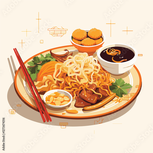food, chinese, asian, background, restaurant, cooking, meal, design, cuisine, delicious, gourmet, dinner, dish, asia, plate, tasty, noodle, yellow, lunch, thai, traditional, vegetable, vector, table, 