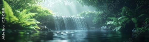 Waterfall in deep forest, glowing mist and reflections in water, vibrant greenery, soft natural light, dynamic motion, photorealistic