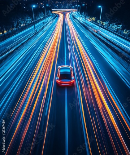 High-speed autonomous vehicle with dynamic light trails on a highway, representing the concept of futuristic transportation and electric vehicles