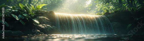 Waterfall in deep forest, glowing mist and reflections in water, vibrant greenery, soft natural light, dynamic motion, photorealistic