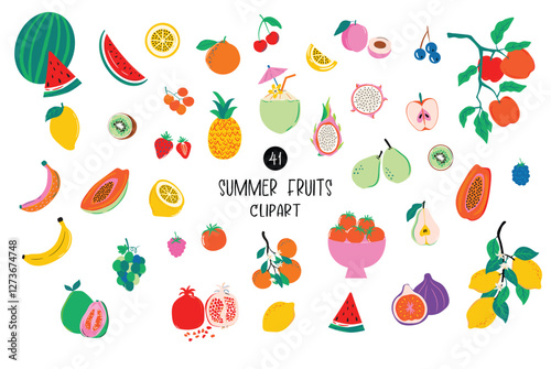 Beach and tropical inspired Vibrant colorful illustrations of summer fruits like pineapple, papaya, watermelon, grapefruit etc. Hand-drawn food clipart icons for posters, wall art, t-shirt design.