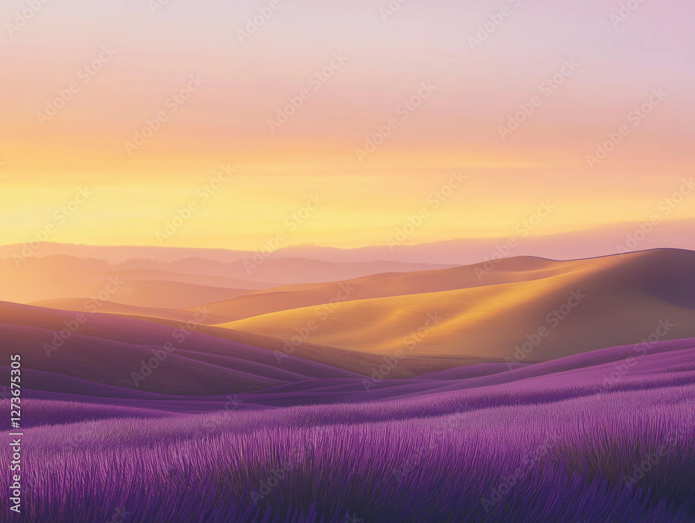 Fototapeta premium Serene Landscape of Lavender Fields Under Golden Sunset with Purple and Orange Tones