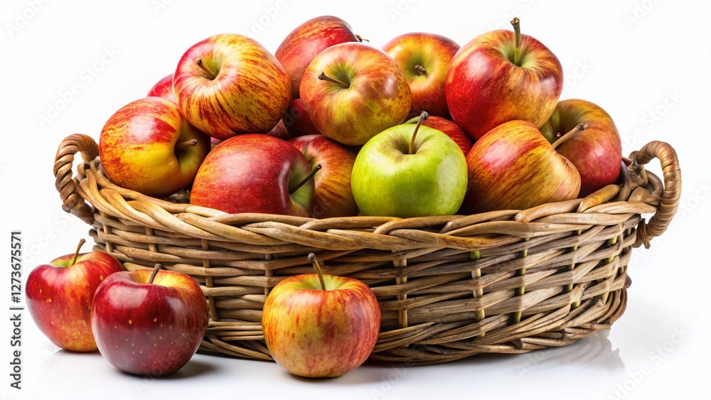 Imperfect Apples in Rustic Basket, Isolated White Background - Stock Photo Imperfect Apples in Rustic Basket, Isolated White Background - Stock Photo