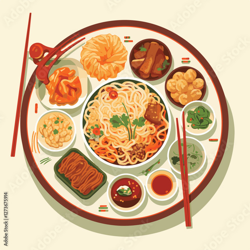 food, chinese, asian, background, restaurant, cooking, meal, design, cuisine, delicious, gourmet, dinner, dish, asia, plate, tasty, noodle, yellow, lunch, thai, traditional, vegetable, vector, table, 