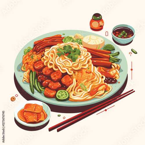 food, chinese, asian, background, restaurant, cooking, meal, design, cuisine, delicious, gourmet, dinner, dish, asia, plate, tasty, noodle, yellow, lunch, thai, traditional, vegetable, vector, table, 