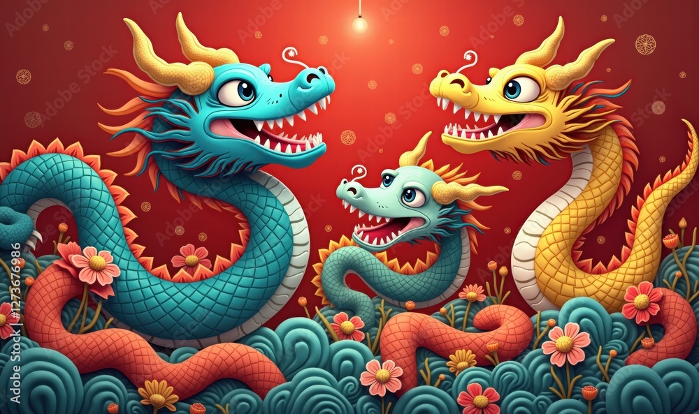 Obraz premium Vibrant illustration of three colorful dragons amidst flowers and waves, perfect for celebrating Asian culture, festivals, and mythology.