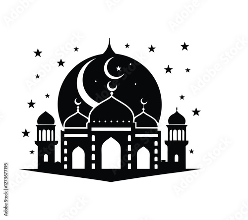 mosque with crescent moon and stars vector art illustration