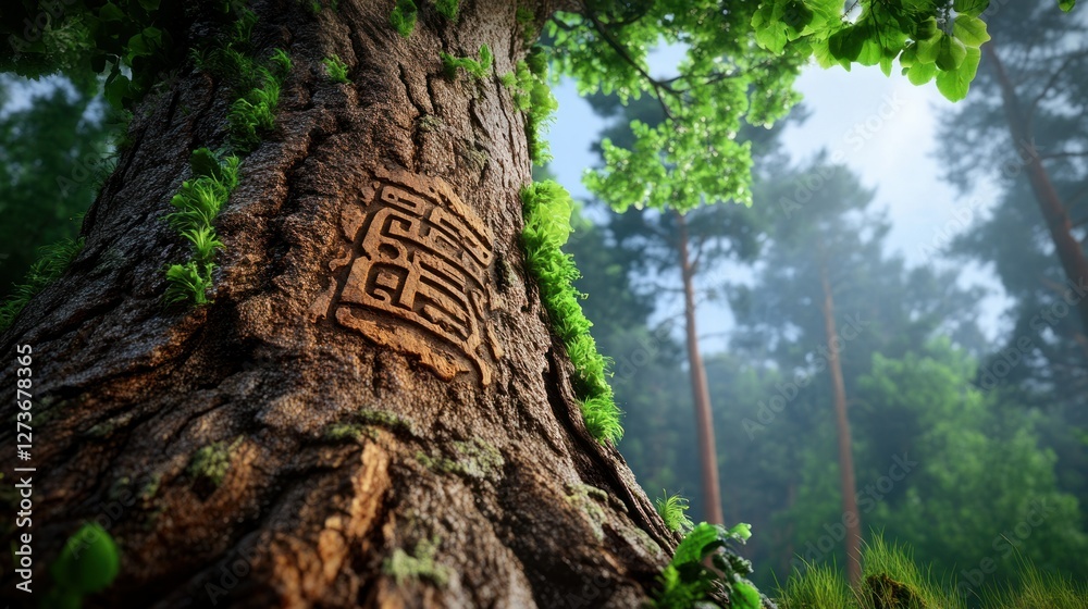 A majestic oak tree with intricate carvings of ancient runes and mythical creatures on its bark, surrounded by a misty forest at dawn, realistic photo, ultra-detailed A majestic oak tree with intricate carvings of ancient runes and mythical creatures on its bark, surrounded by a misty forest at dawn, realistic photo, ultra-detailed