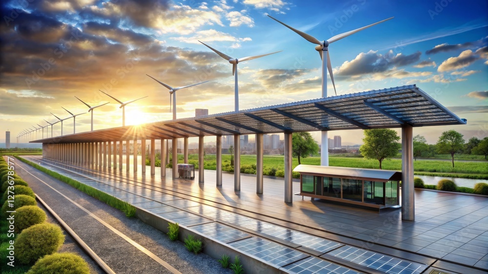 Fototapeta premium Sustainable Transit Hub Eco-Friendly Design with Wind and Solar Power at Sunset