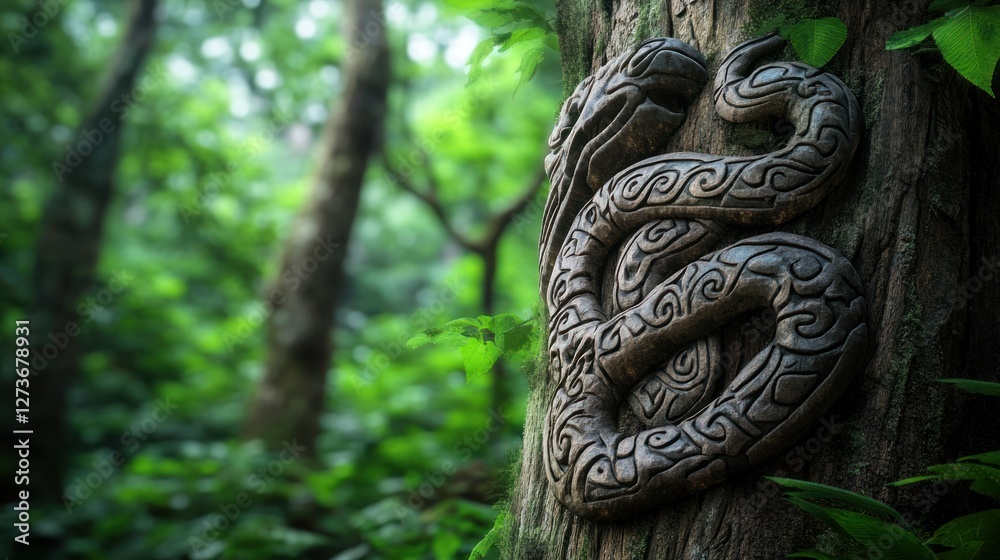 A massive tree trunk with carvings of intertwined serpents, dense forest in the background, photo-realistic textures,