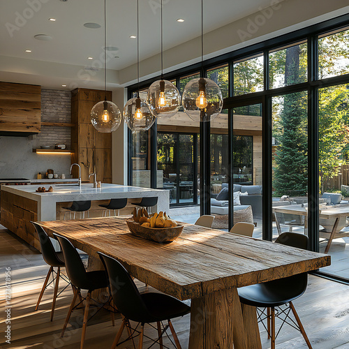 An open-plan dining area with a large wooden table, contemporary chairs, and pendant lighting