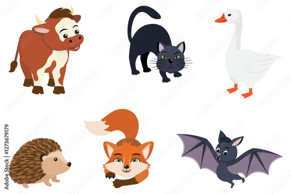 Naklejka premium Cartoon cute animals set. Cow, fox, cat, bat, goose, hedgehog isolated on white background. Vector illustration, kids design.