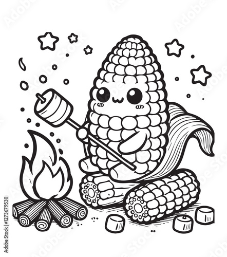 Coloring book corn cob roasting a marshmallow over a campfire under a starry night sky.
