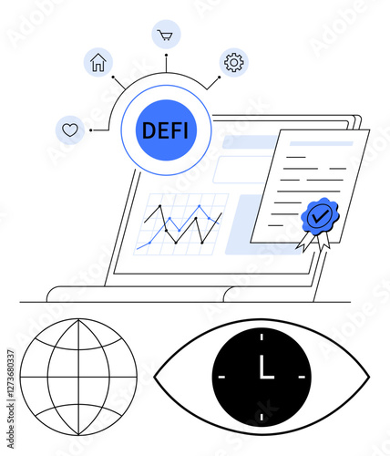 Laptop with DeFi icon, analytics graph, certified document, globe, clock, and connected digital elements. Ideal for finance, technology, blockchain innovation fintech global trade abstract line