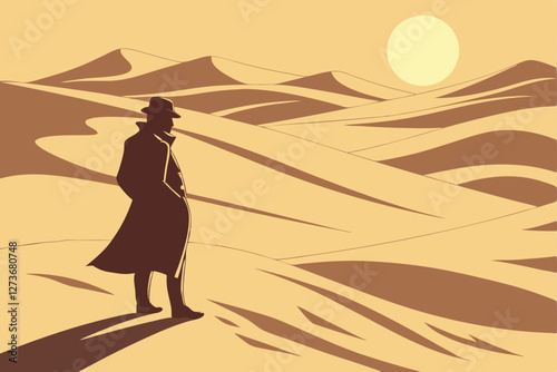  Silhouette of man in suit and top hat, standing in vast desert, sand dunes, bright sun in hazy sky, dramatic lighting, cinematic composition, surreal landscape, mysterious atmosphere, high contrast