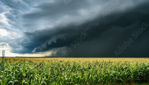 dangerous and dark ominous clouds before a hurricane over a corn field
