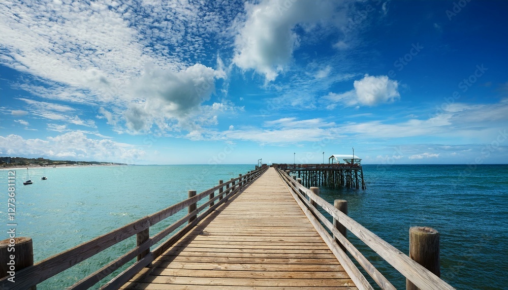 vast coastal horizon with serene fishing pier under bright summer sky and fluffy clouds perfect for tranquil nature scenes and seascapes vast coastal horizon with serene fishing pier under bright summer sky and fluffy clouds perfect for tranquil nature scenes and seascapes