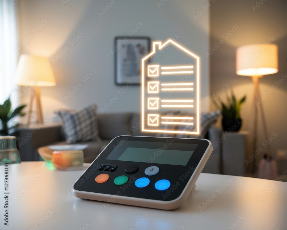 Housing moving checklist concepts. Smart home device with checklist display in a modern living room setting. Housing moving checklist concepts. Smart home device with checklist display in a modern living room setting.