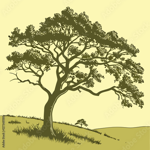 Olive Green Tree Illustration: Serene Landscape.