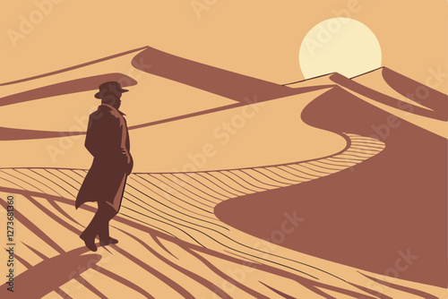  Silhouette of man in suit and top hat, standing in vast desert, sand dunes, bright sun in hazy sky, dramatic lighting, cinematic composition, surreal landscape, mysterious atmosphere, high contrast