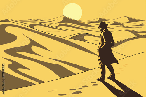  Silhouette of man in suit and top hat, standing in vast desert, sand dunes, bright sun in hazy sky, dramatic lighting, cinematic composition, surreal landscape, mysterious atmosphere, high contrast