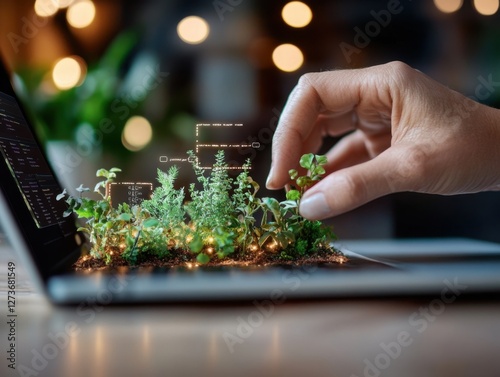 Creative concept of a person using a laptop with a plant emerging from it representing growth and innovation photo