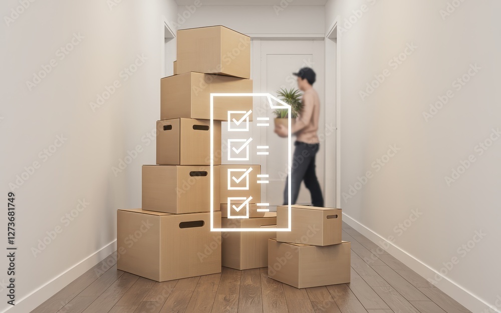 Fototapeta premium Housing moving checklist concepts. A person carries a plant while surrounded by stacked cardboard boxes in a hallway.